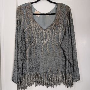 Vintage 100% Silk Beaded Evening Top Gray Silver Sequin Flutter Hem XL